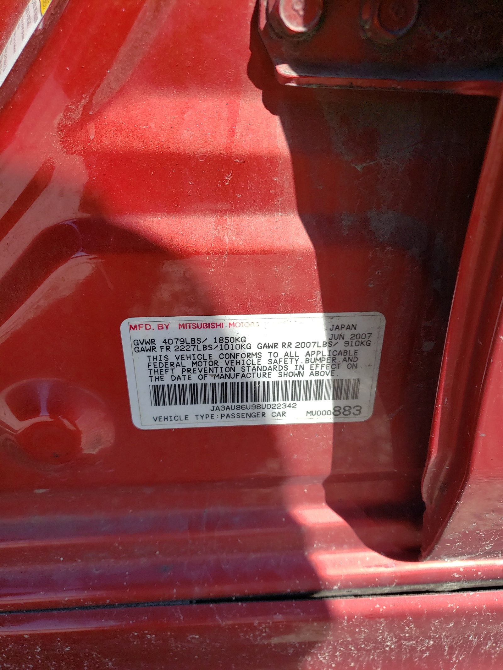 JA3AU86U98U022342 2008 Mitsubishi Lancer Gts