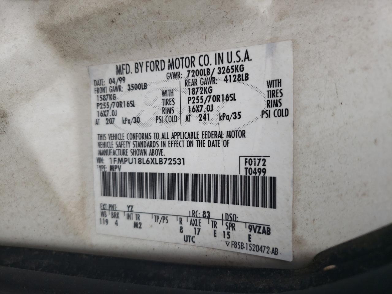 1999 Ford Expedition VIN: 1FMPU18L6XLB72531 Lot: 64243774