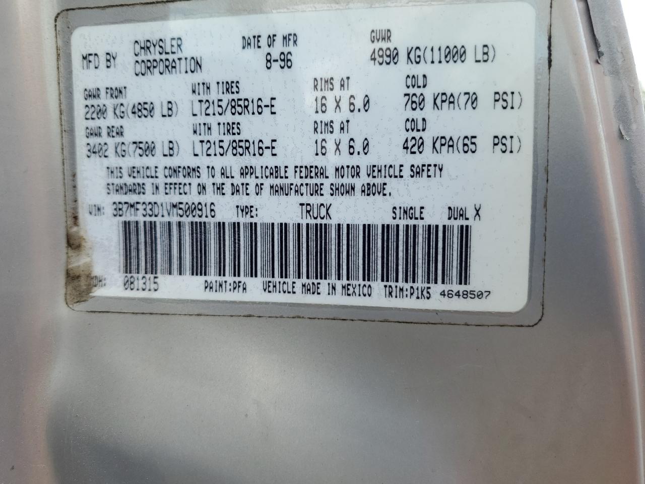 1997 Dodge Ram 3500 VIN: 3B7MF33D1VM500916 Lot: 64467354