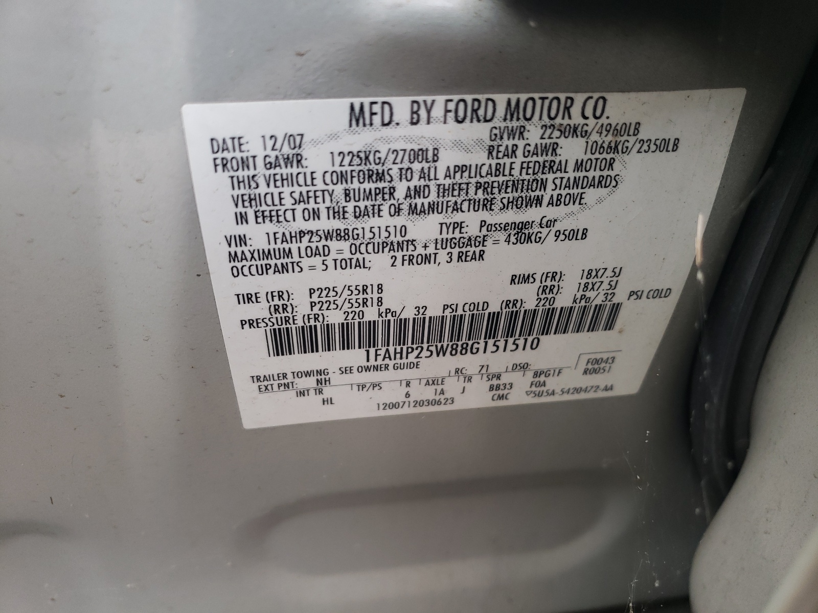 1FAHP25W88G151510 2008 Ford Taurus Limited