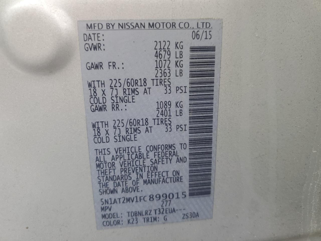 2015 Nissan Rogue S VIN: 5N1AT2MV1FC899015 Lot: 65527724