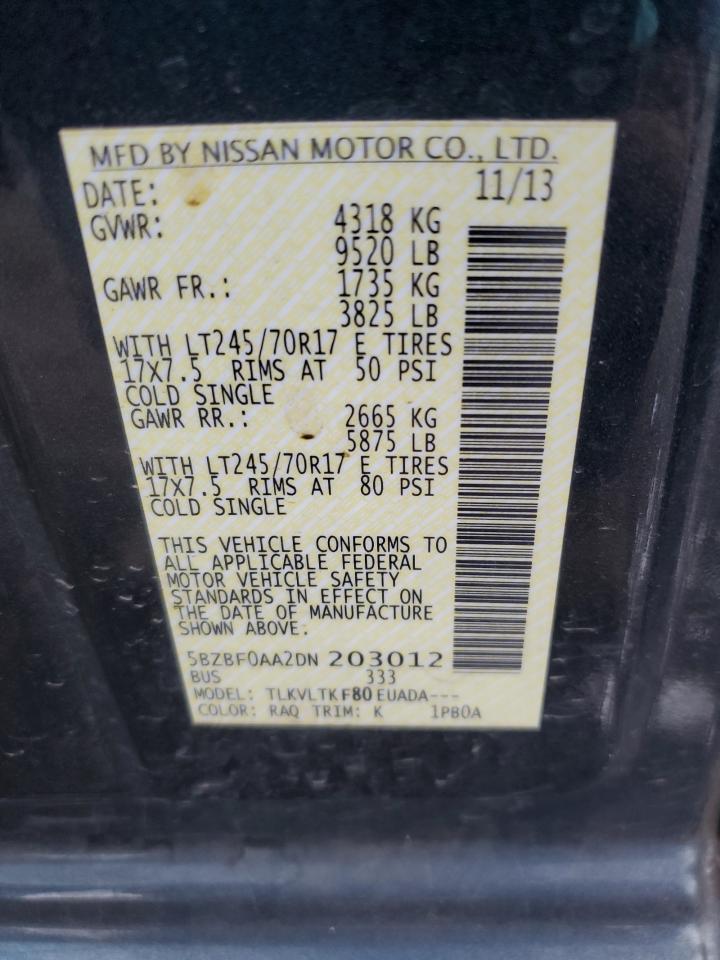 2013 Nissan Nv 3500 S VIN: 5BZBF0AA2DN203012 Lot: 60767324