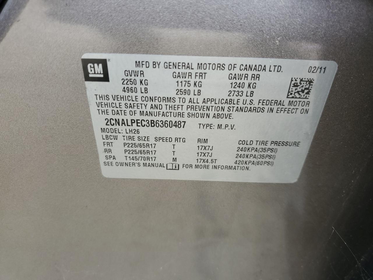 2011 Chevrolet Equinox Lt VIN: 2CNALPEC3B6360487 Lot: 63090474