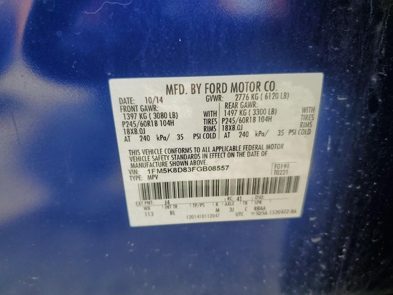 2015 Ford Explorer Xlt VIN: 1FM5K8D83FGB08557 Lot: 62224154