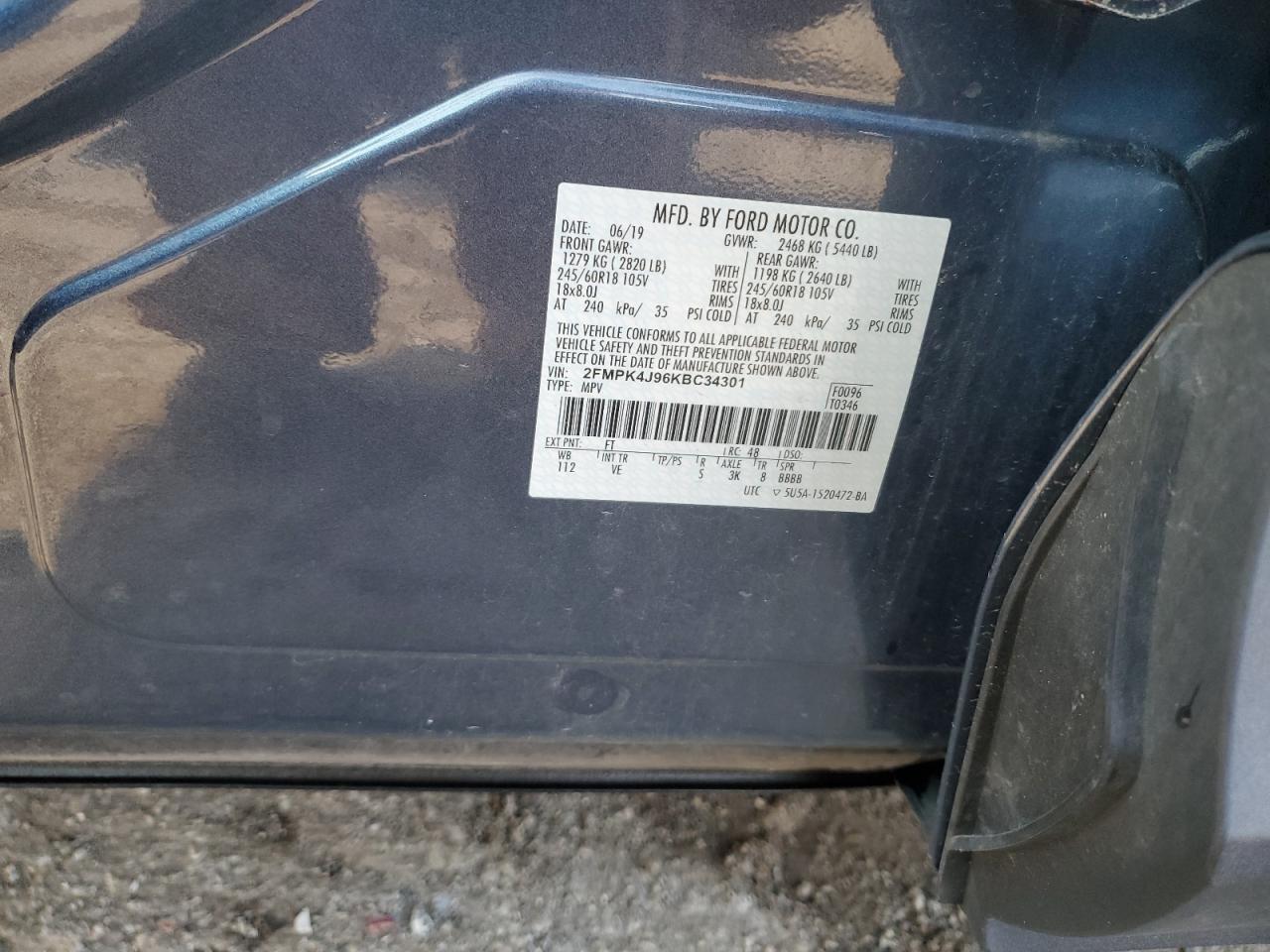 2019 Ford Edge Sel VIN: 2FMPK4J96KBC34301 Lot: 63058334