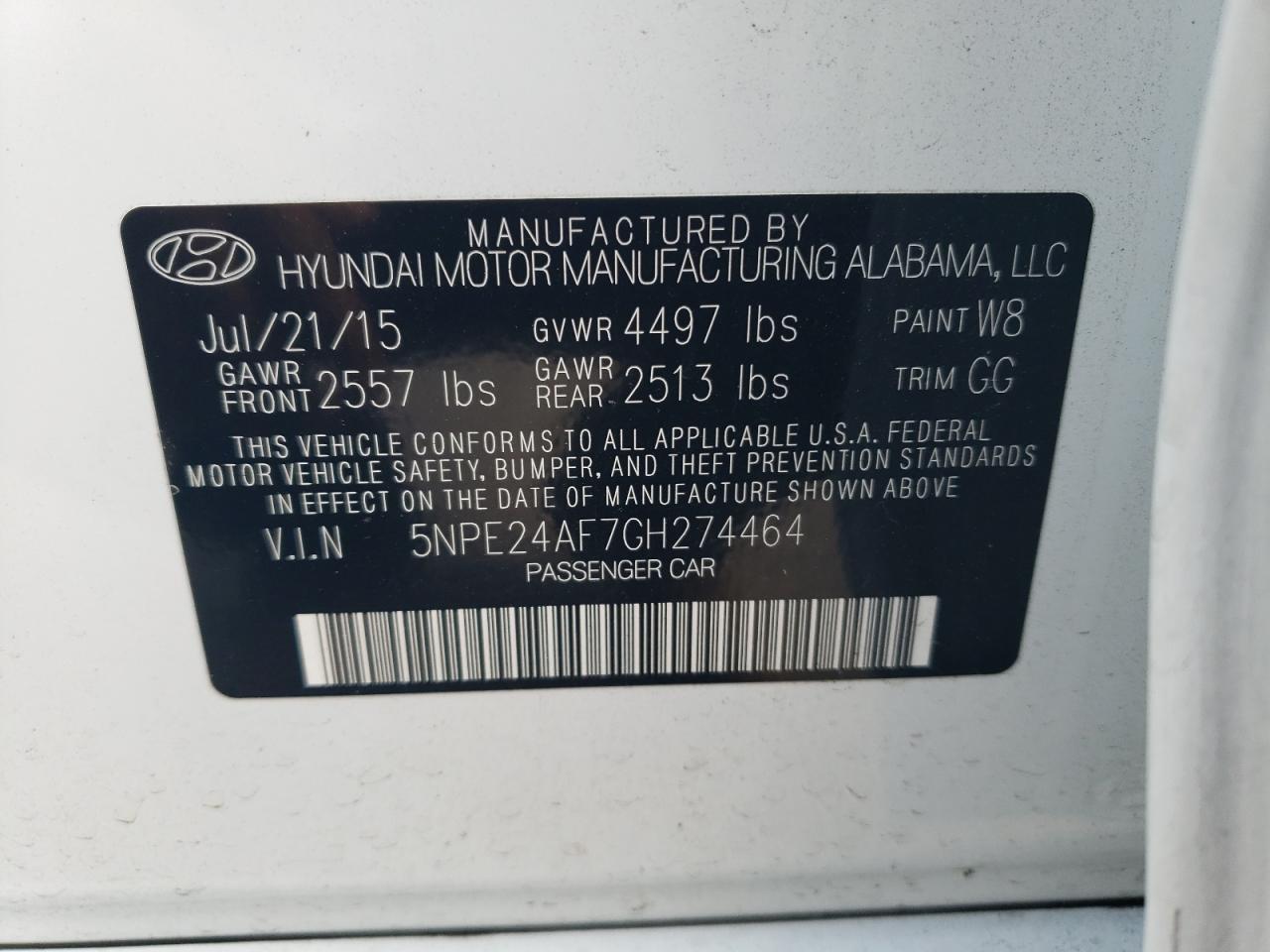 2016 Hyundai Sonata Se VIN: 5NPE24AF7GH274464 Lot: 63539264