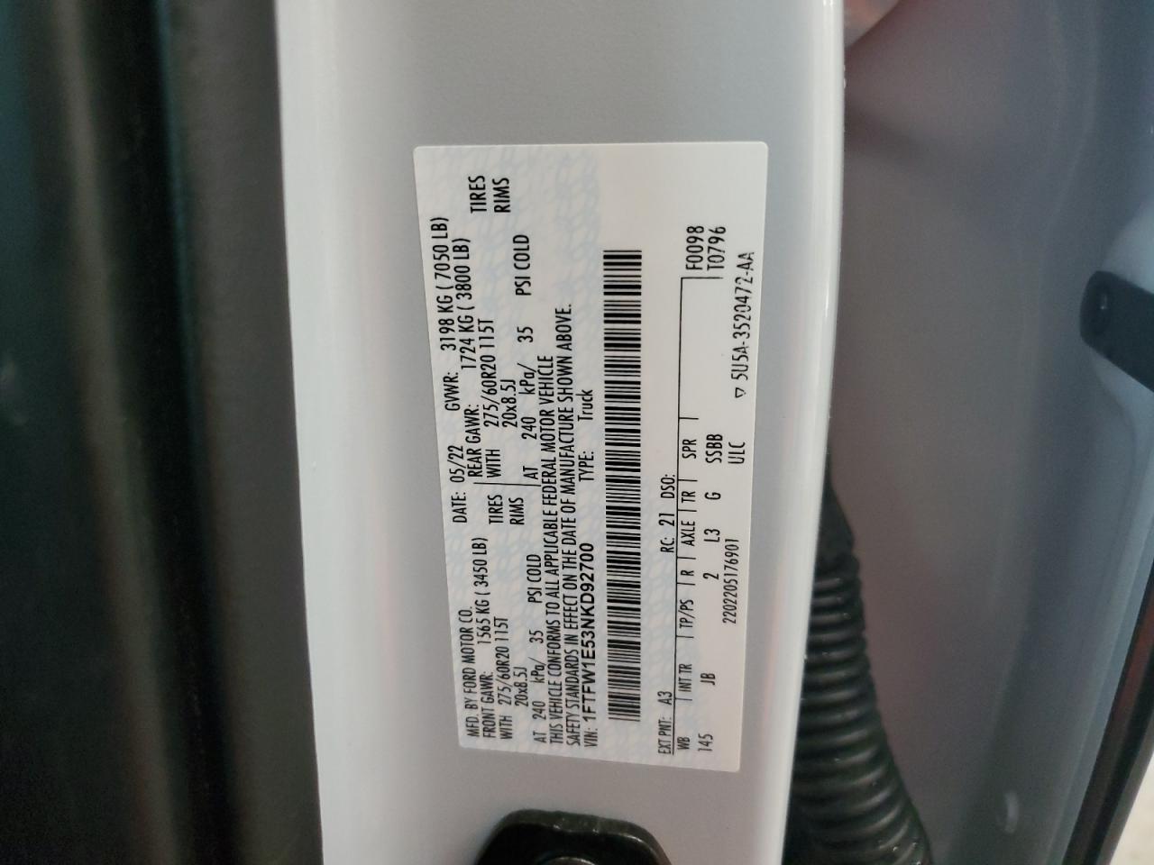 2022 Ford F150 Supercrew VIN: 1FTFW1E53NKD92700 Lot: 63801714