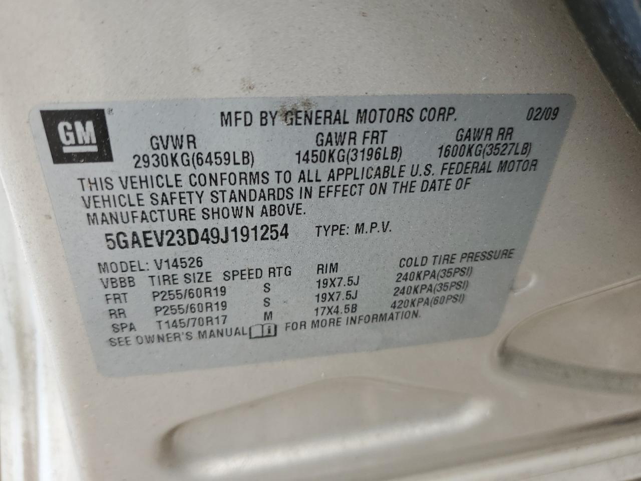 2009 Buick Enclave Cxl VIN: 5GAEV23D49J191254 Lot: 63254234