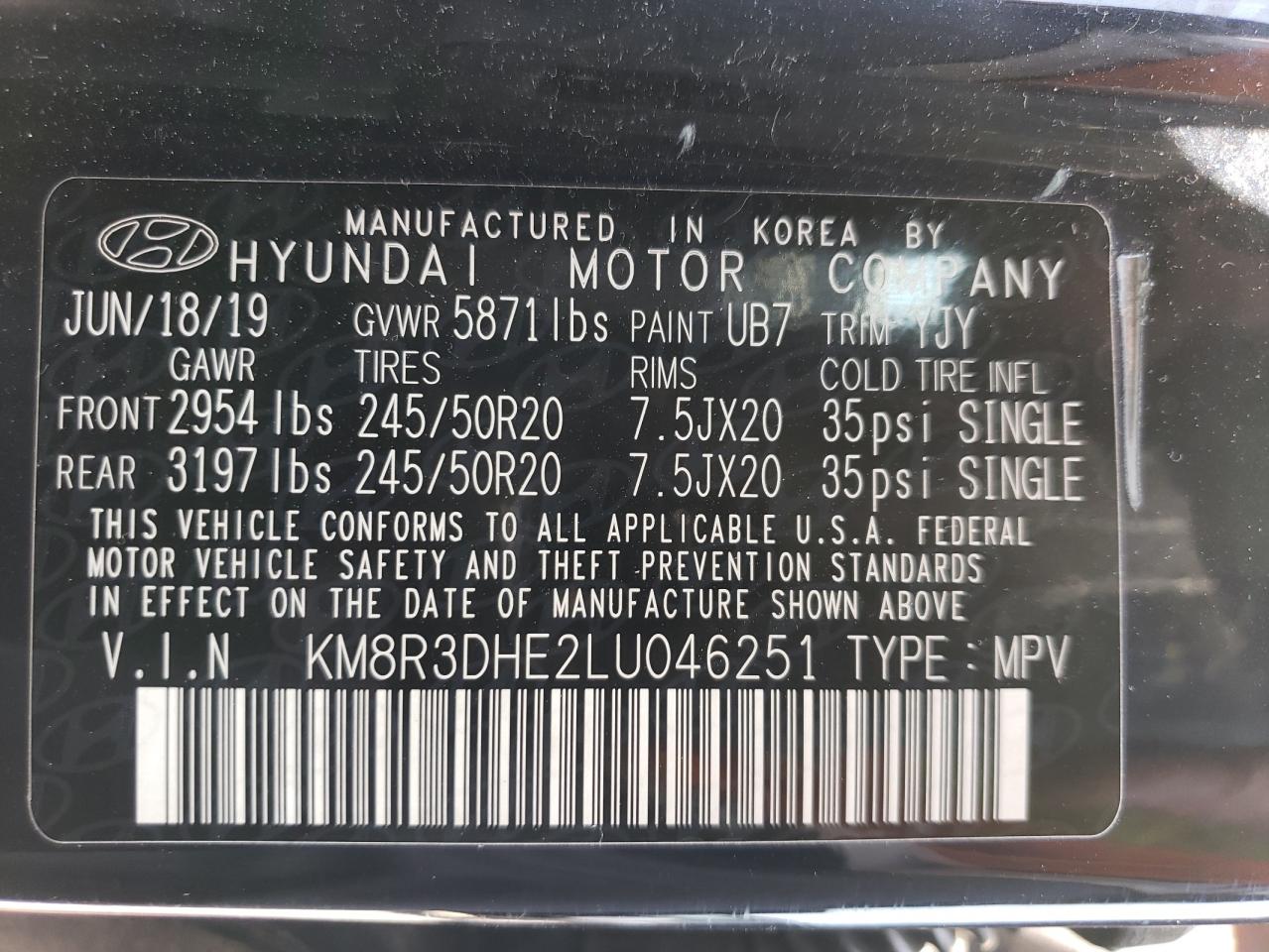 2020 Hyundai Palisade Sel VIN: KM8R3DHE2LU046251 Lot: 63047804