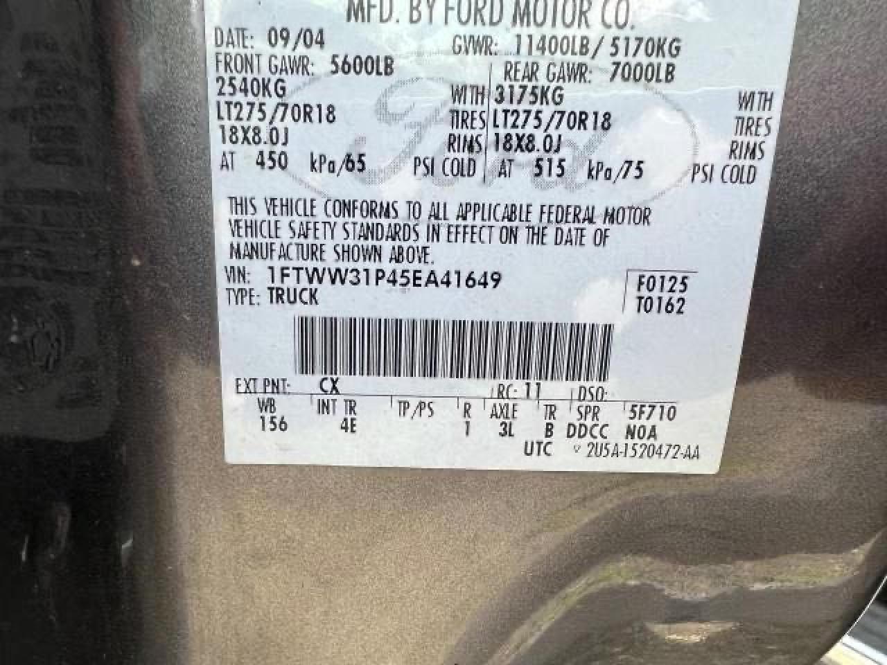 2005 Ford F350 Srw Super Duty VIN: 1FTWW31P45EA41649 Lot: 65207254