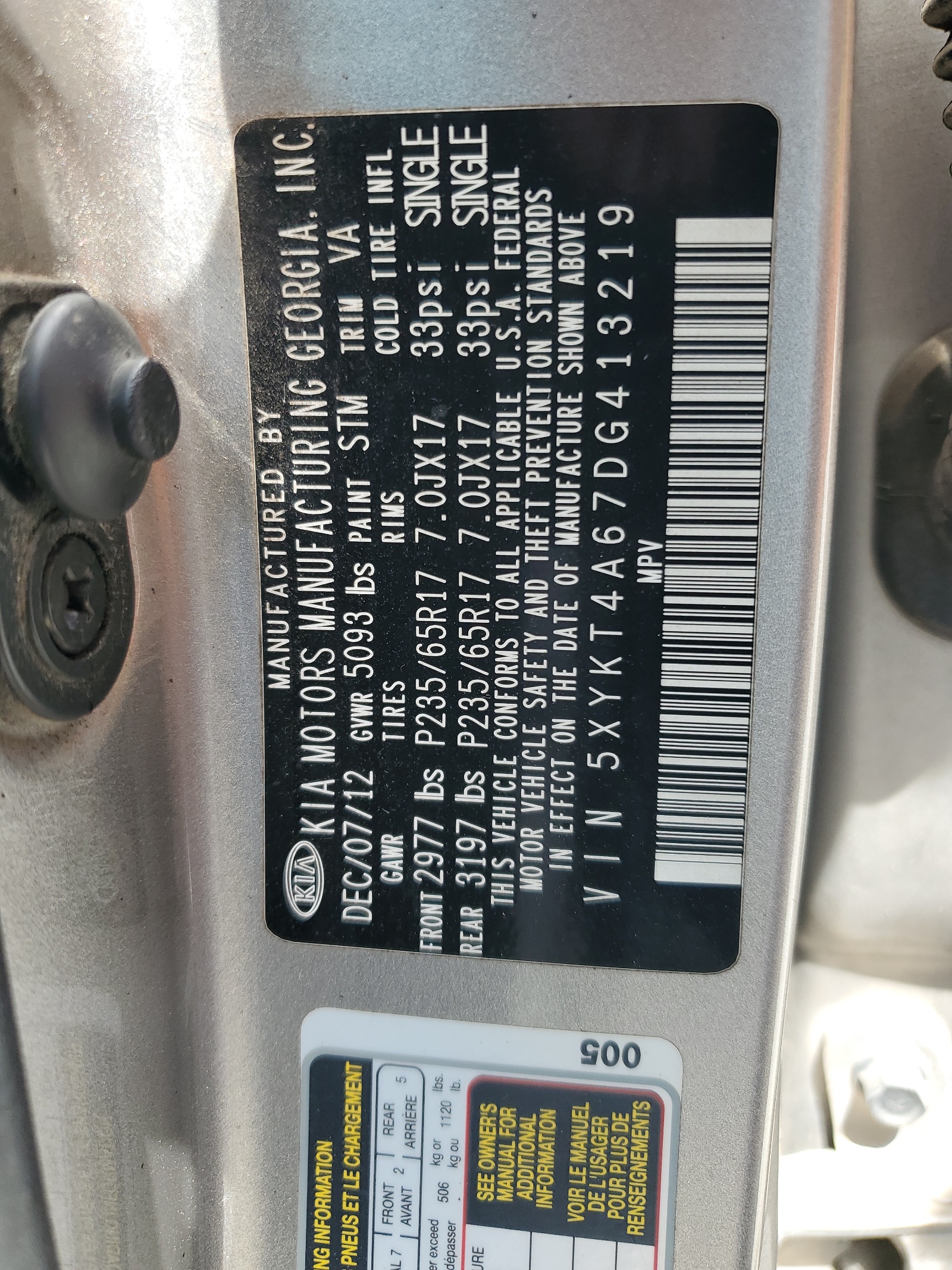 5XYKT4A67DG413219 2013 Kia Sorento Lx