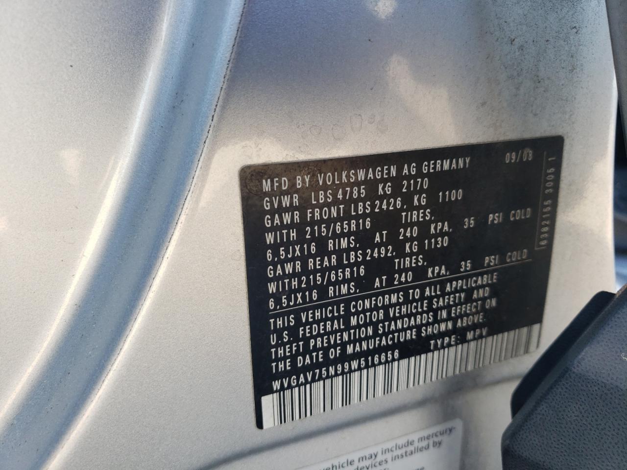 2009 Volkswagen Tiguan S VIN: WVGAV75N99W516656 Lot: 42595285