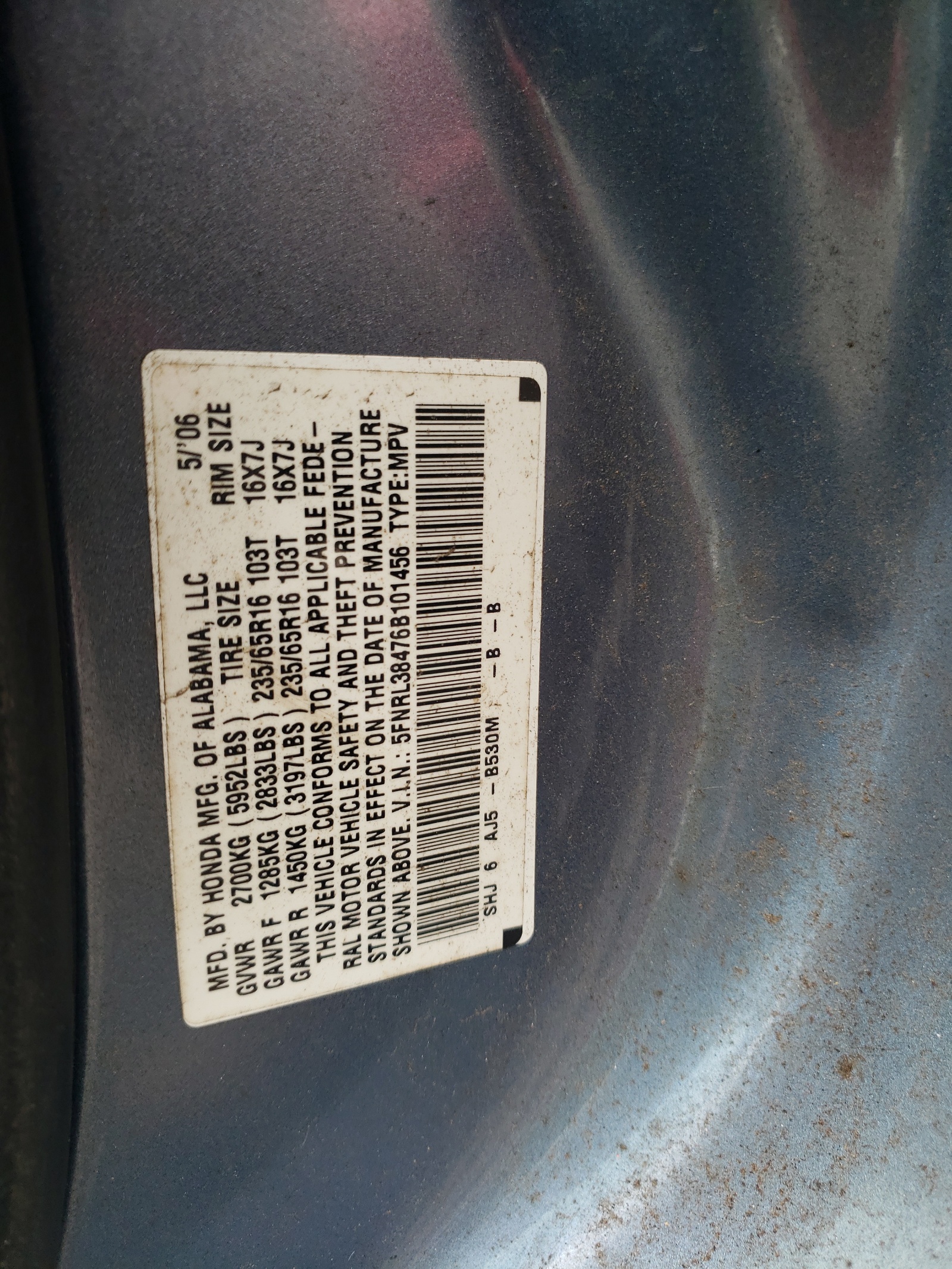 5FNRL38476B101456 2006 Honda Odyssey Ex