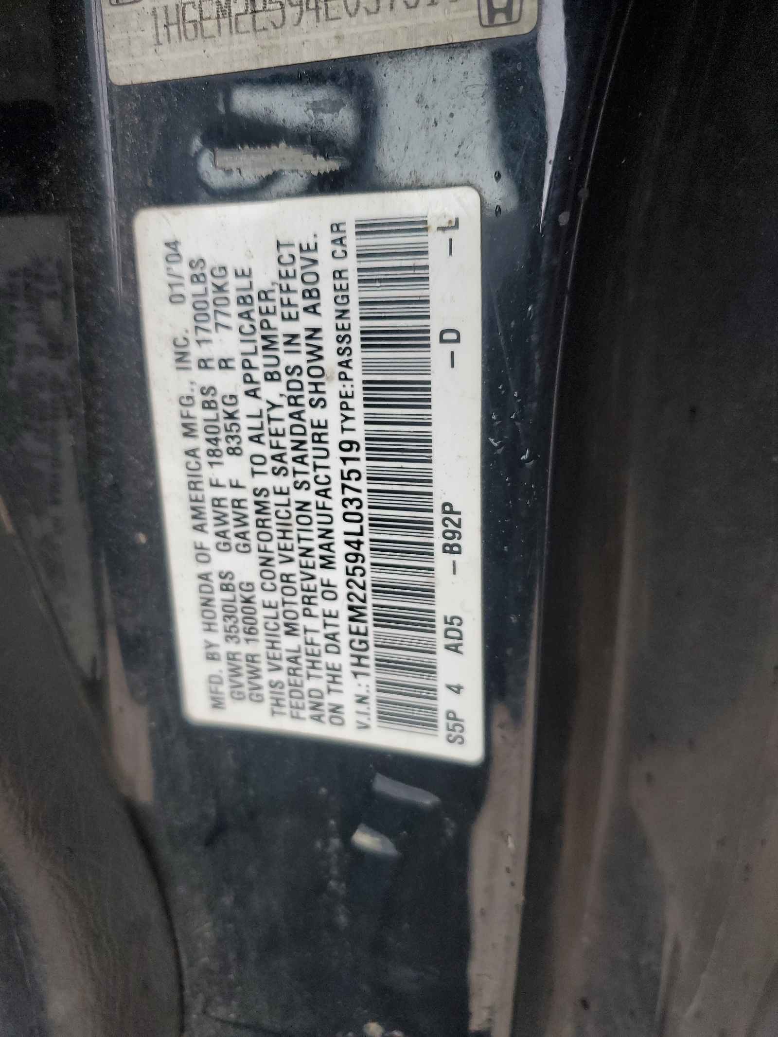 1HGEM22594L037519 2004 Honda Civic Lx