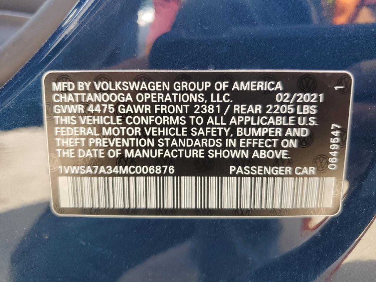 2021 Volkswagen Passat Se VIN: 1VWSA7A34MC006876 Lot: 62839374