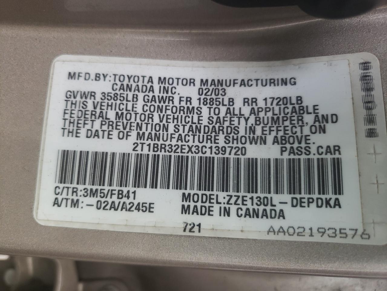 2003 Toyota Corolla Ce VIN: 2T1BR32EX3C139720 Lot: 65138854