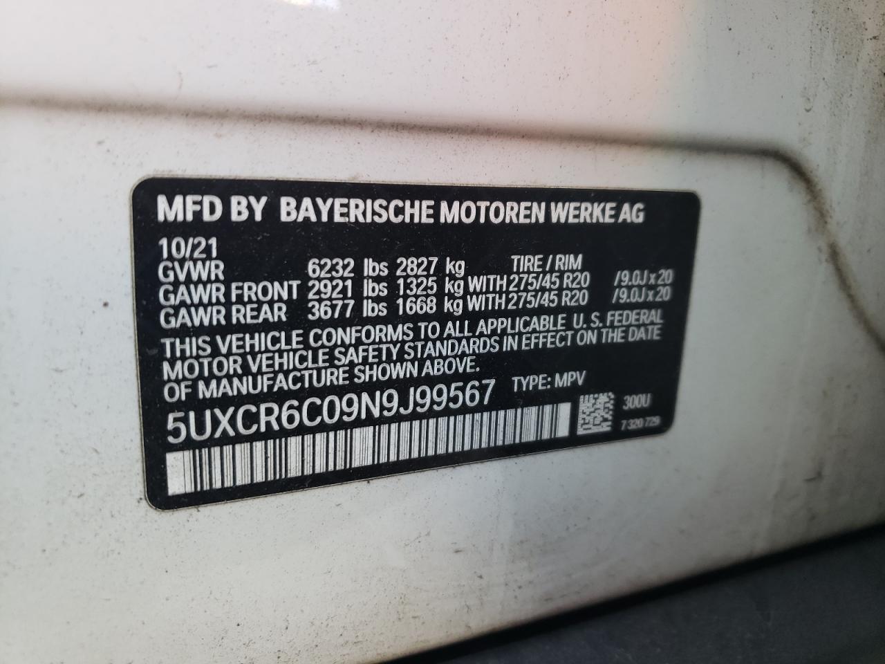 2022 BMW X5 xDrive40I VIN: 5UXCR6C09N9J99567 Lot: 63642554