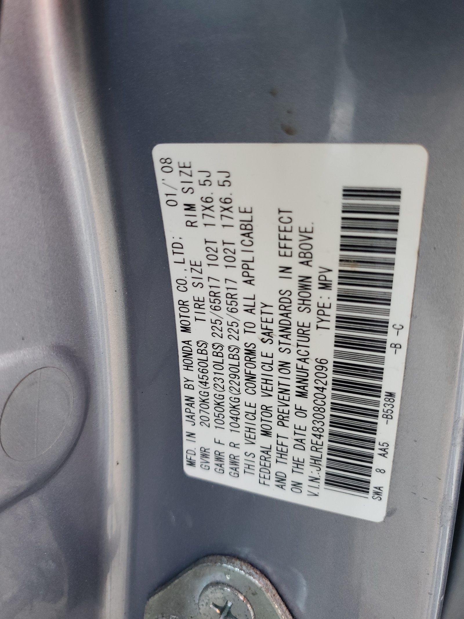 JHLRE48308C042096 2008 Honda Cr-V Lx