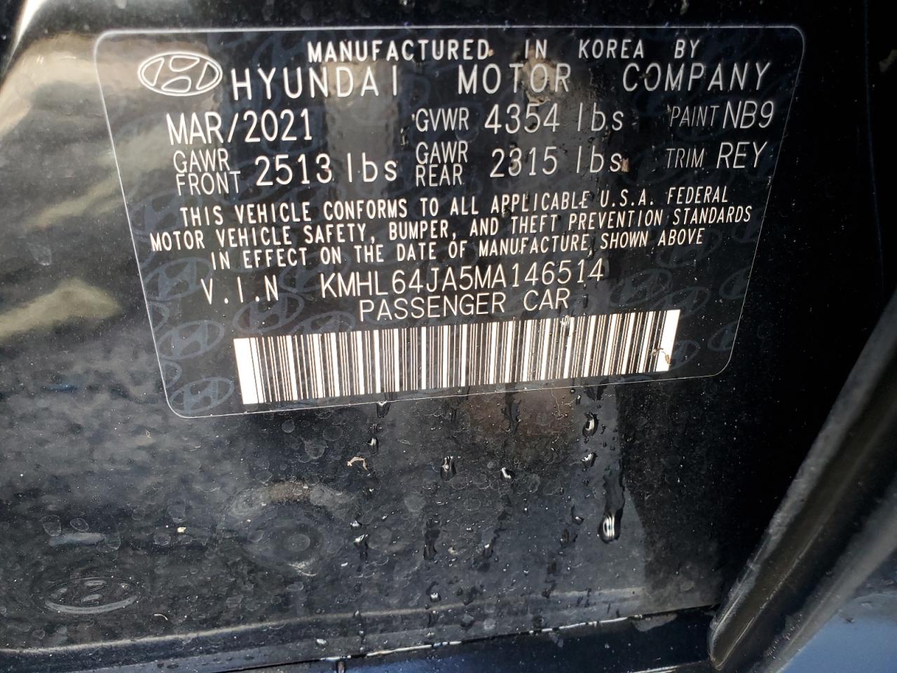 2021 Hyundai Sonata Sel VIN: KMHL64JA5MA146514 Lot: 62295324
