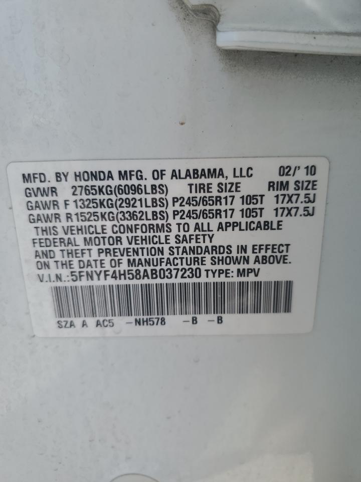 2010 Honda Pilot Exl VIN: 5FNYF4H58AB037230 Lot: 63550244