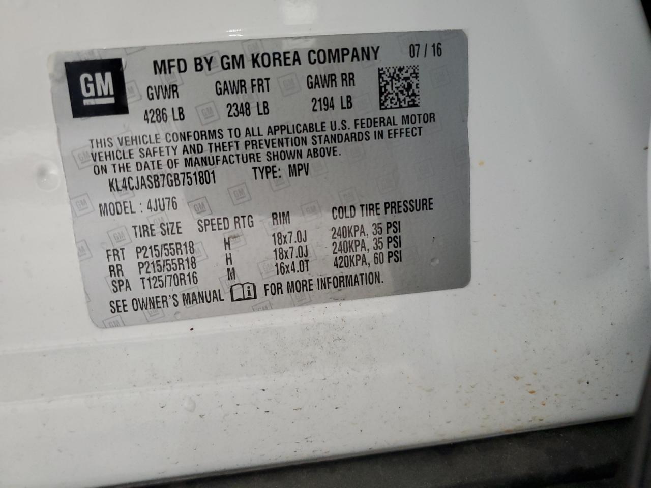 2016 Buick Encore VIN: KL4CJASB7GB751801 Lot: 64205394