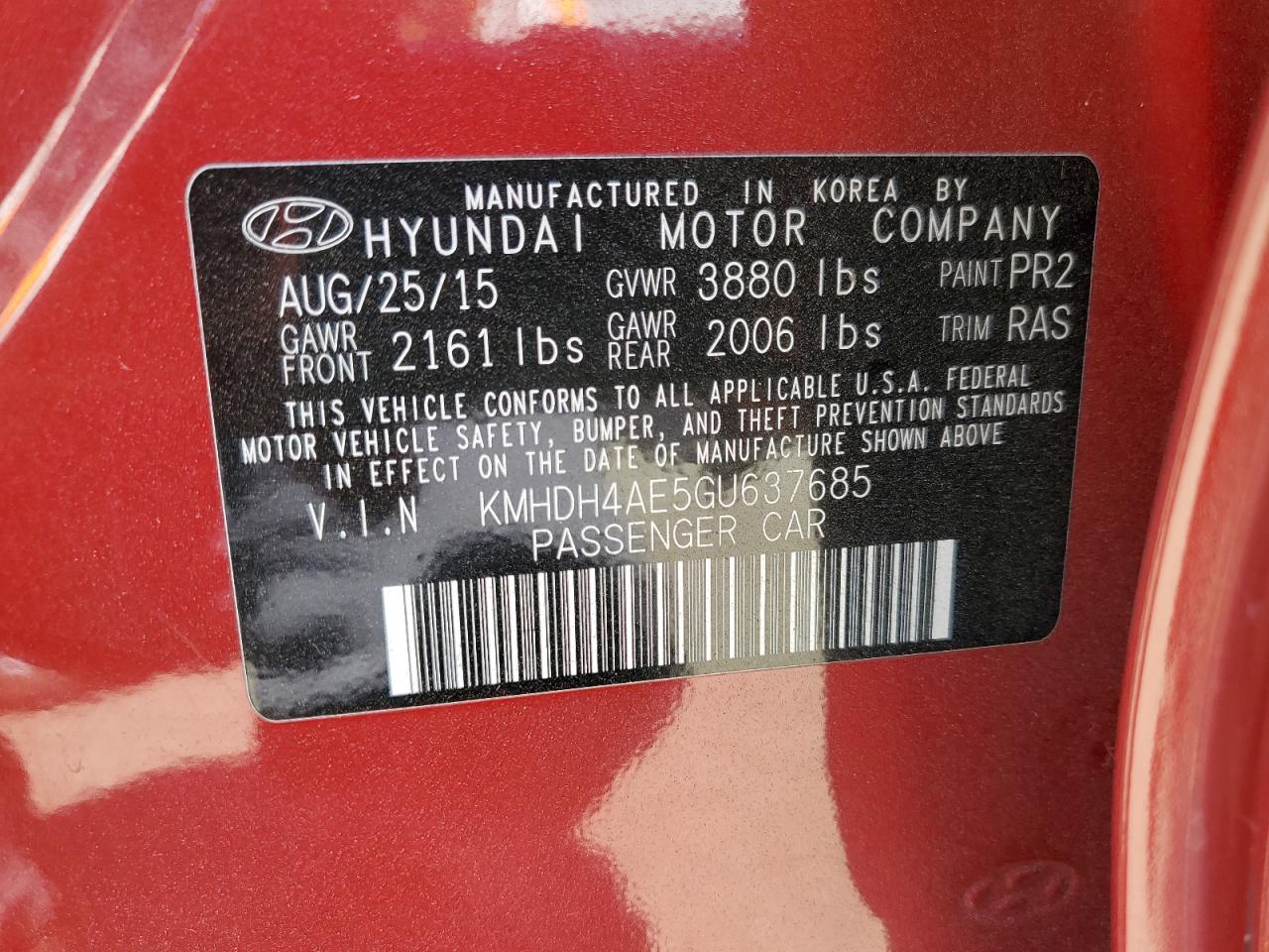 2016 Hyundai Elantra Se VIN: KMHDH4AE5GU637685 Lot: 65361264