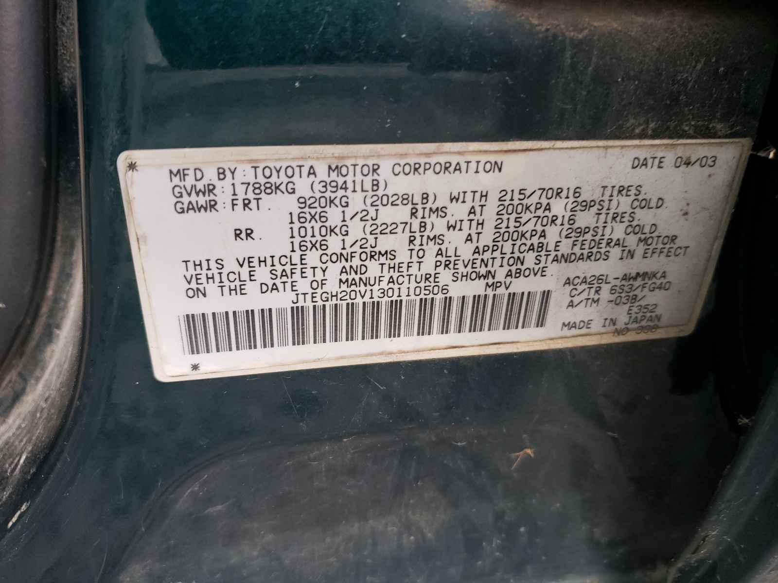 JTEGH20V130110506 2003 Toyota Rav4