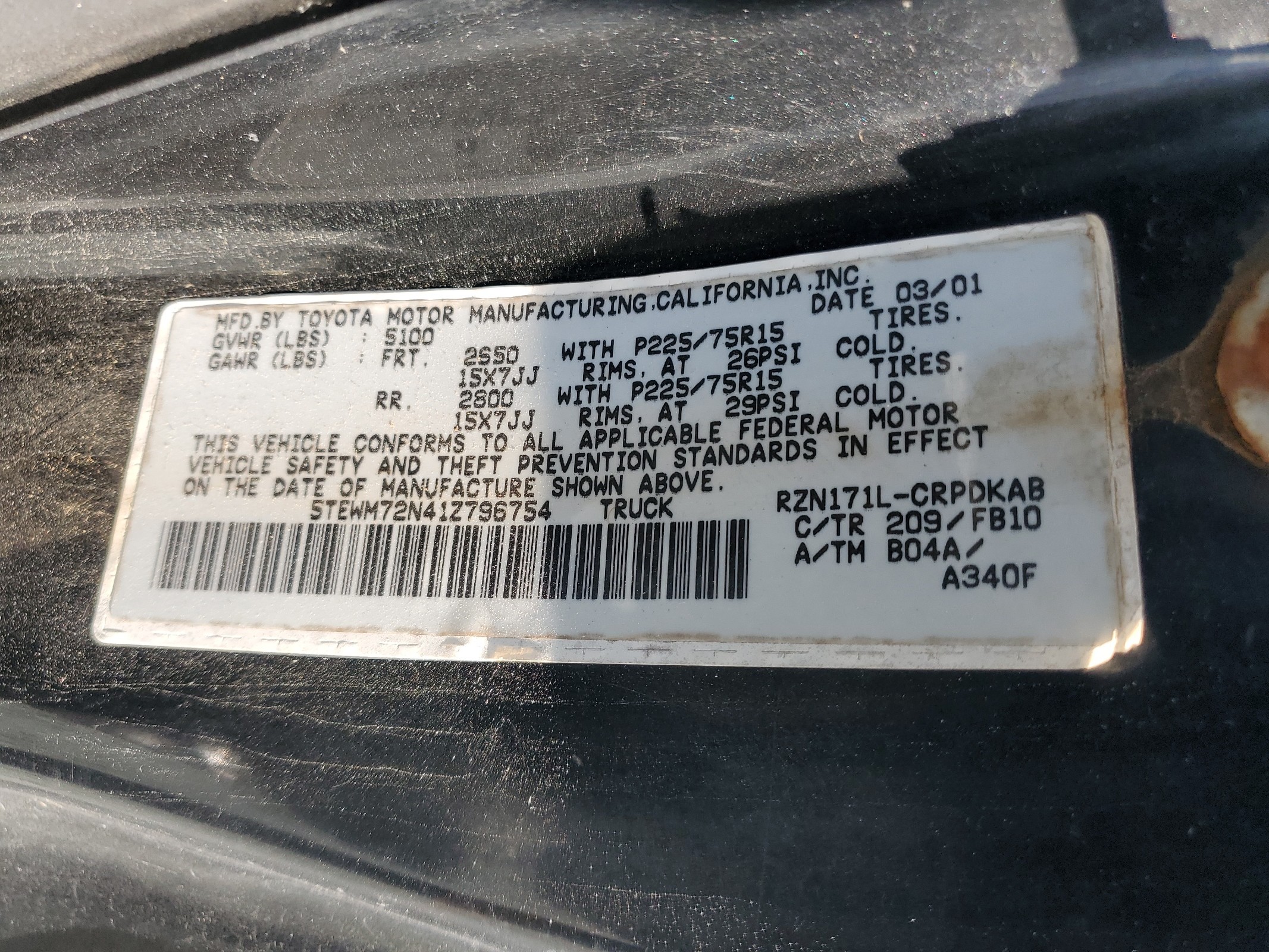 5TEWM72N41Z796754 2001 Toyota Tacoma Xtracab