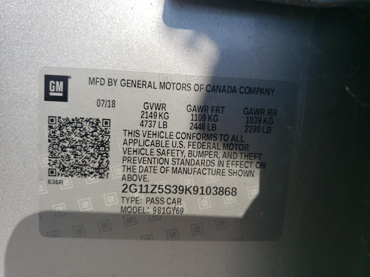 2G11Z5S39K9103868 2019 Chevrolet Impala Lt