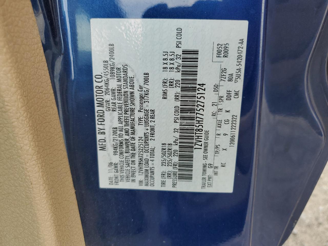 2007 Ford Mustang Gt VIN: 1ZVHT85H775275124 Lot: 65340734