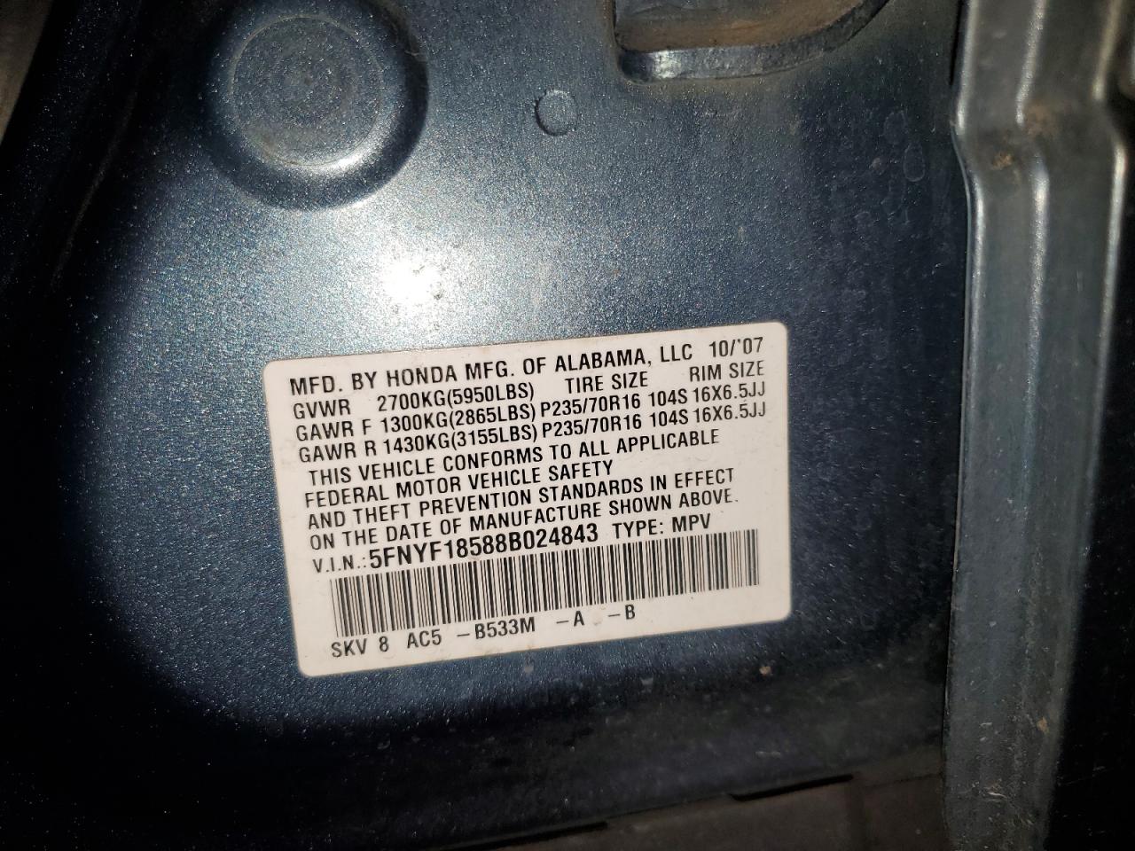 5FNYF18588B024843 2008 Honda Pilot Exl