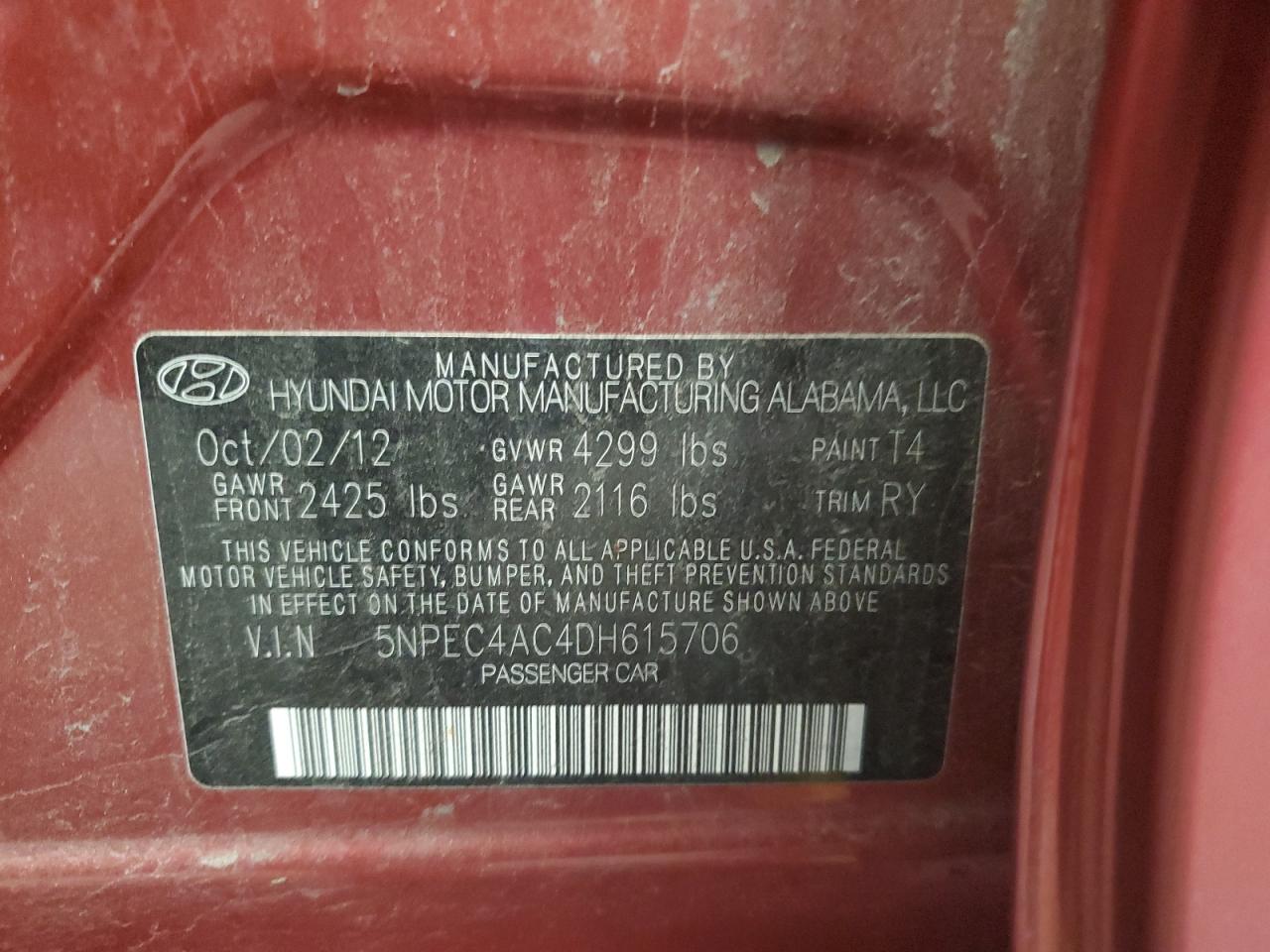 2013 Hyundai Sonata Se VIN: 5NPEC4AC4DH615706 Lot: 62826744