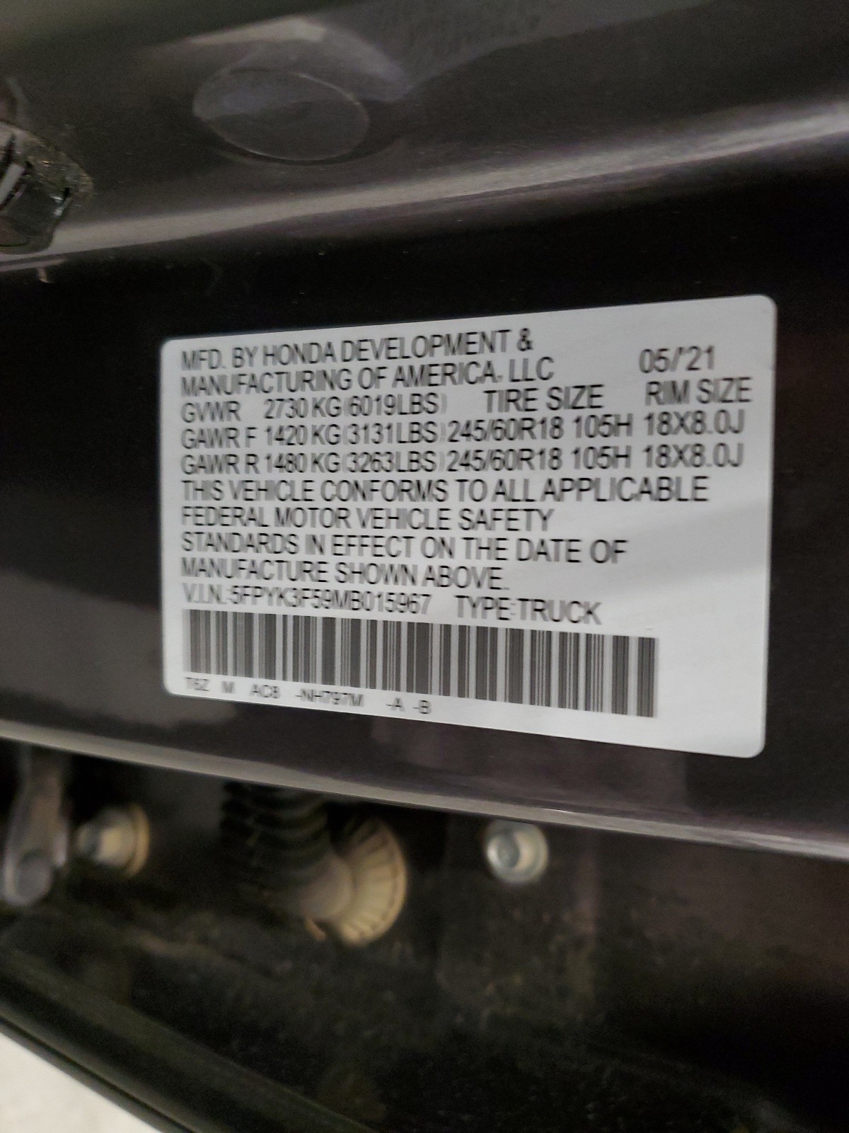 5FPYK3F59MB015967 2021 Honda Ridgeline Rtl