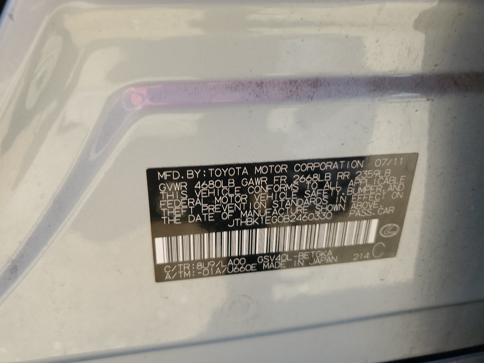 JTHBK1EG0B2460330 2011 Lexus Es 350