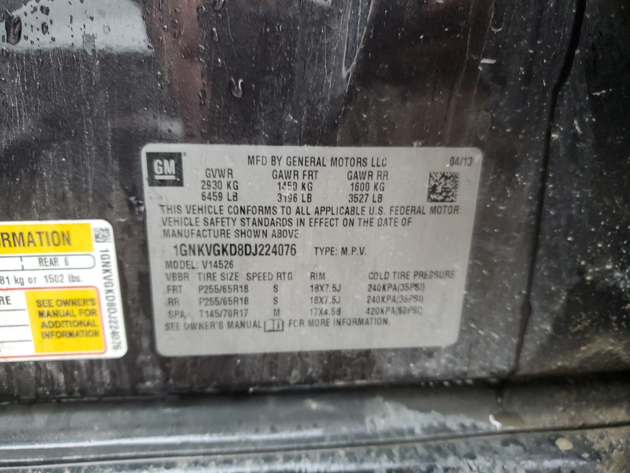 2013 Chevrolet Traverse Lt VIN: 1GNKVGKD8DJ224076 Lot: 64168504