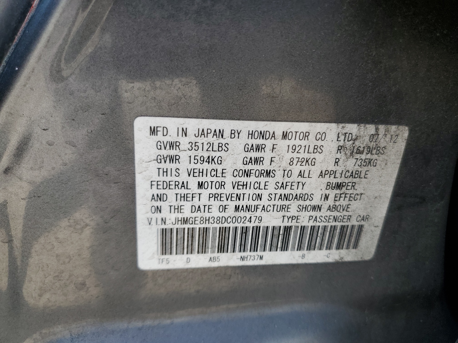 JHMGE8H38DC002479 2013 Honda Fit