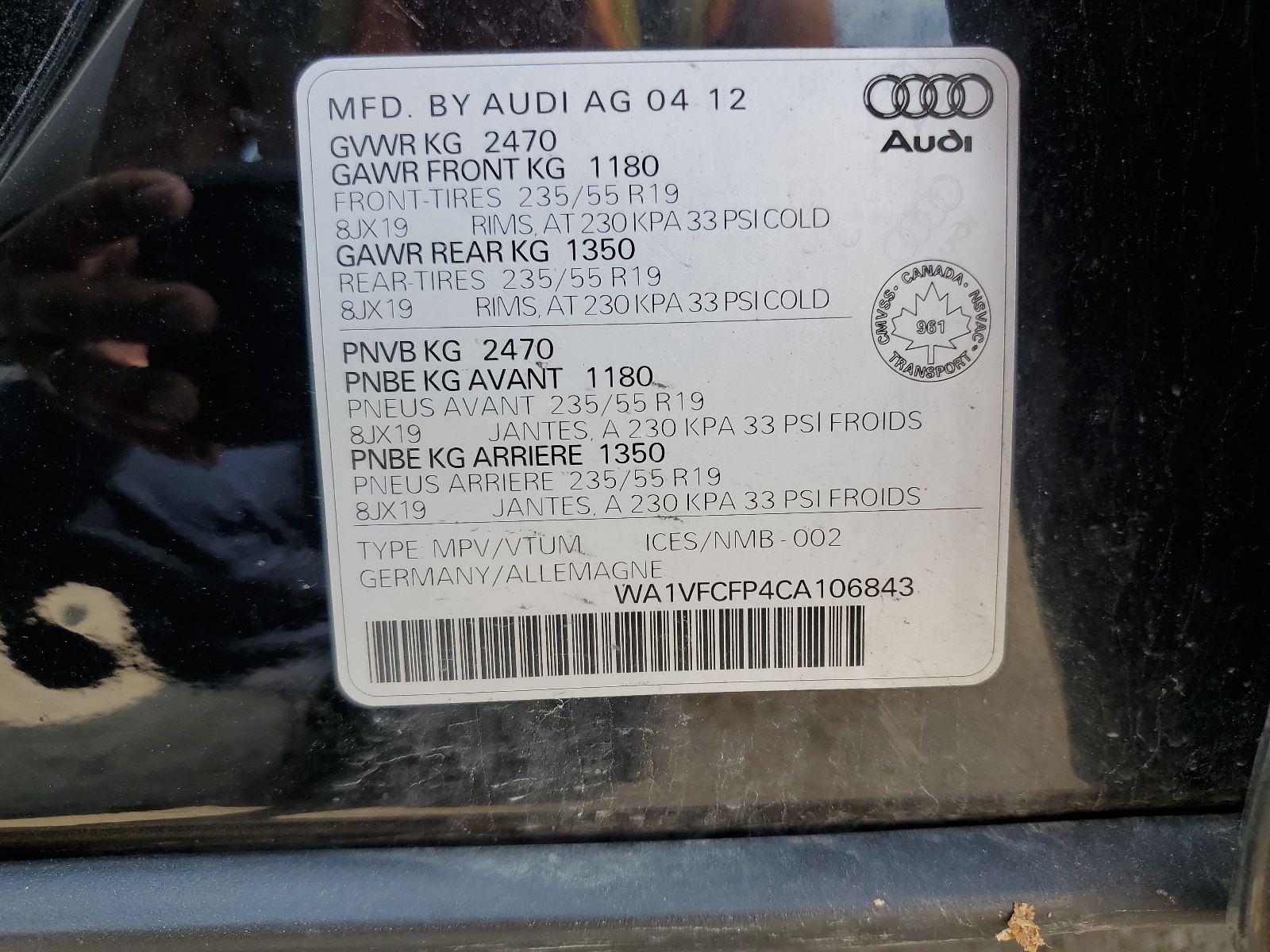 WA1VFCFP4CA106843 2012 Audi Q5 Premium Plus