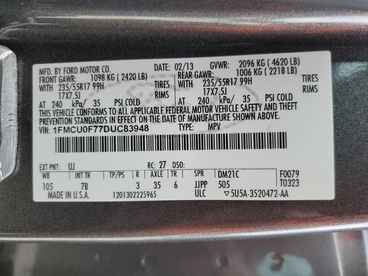 2013 Ford Escape S VIN: 1FMCU0F77DUC83948 Lot: 65617924