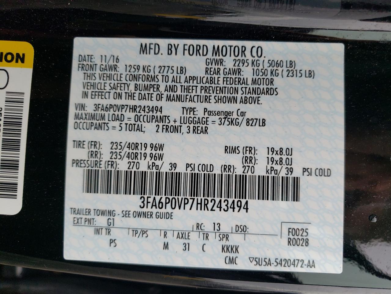 2017 Ford Fusion Sport VIN: 3FA6P0VP7HR243494 Lot: 63588634