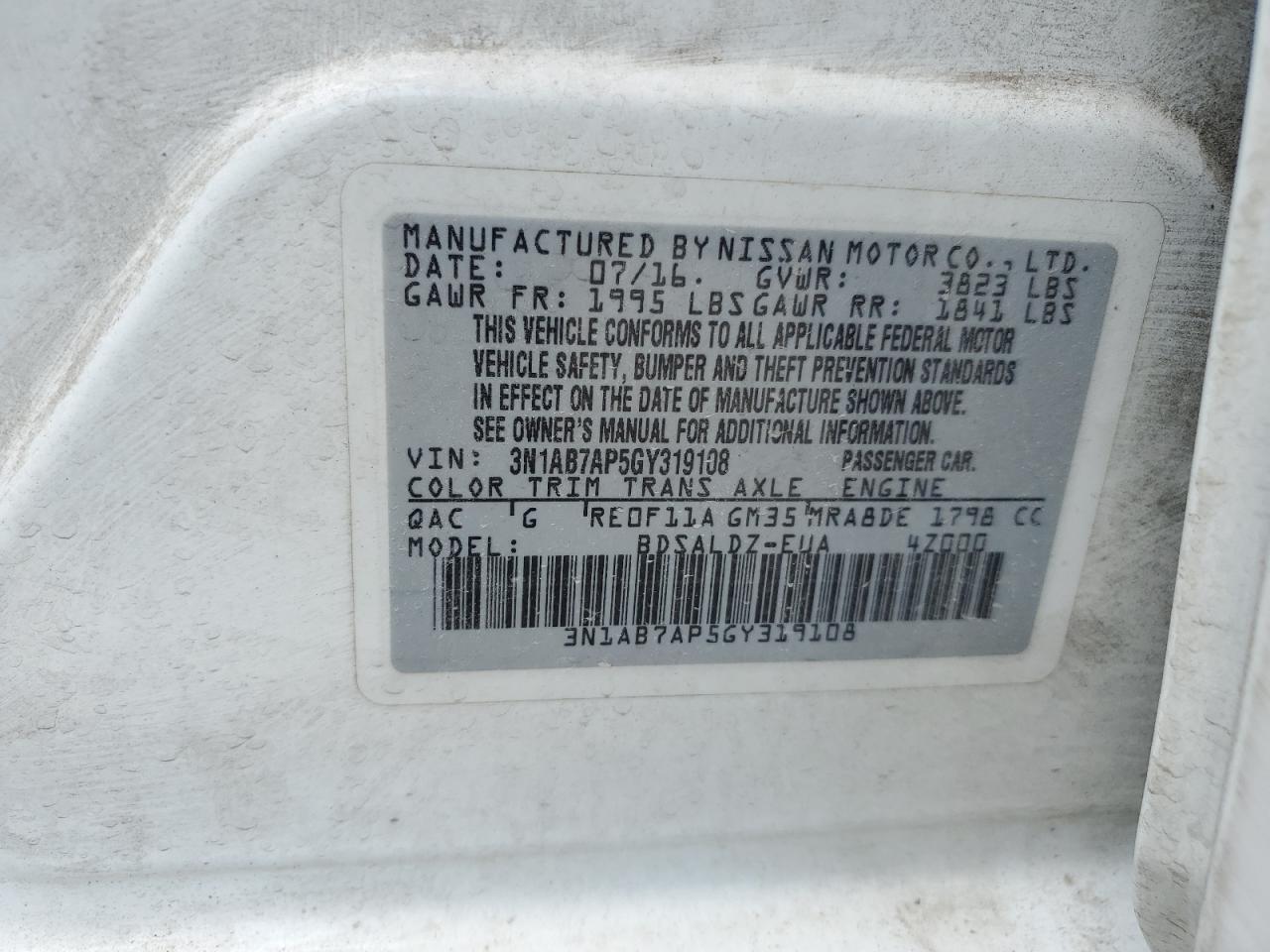 2016 Nissan Sentra S VIN: 3N1AB7AP5GY319108 Lot: 63124744