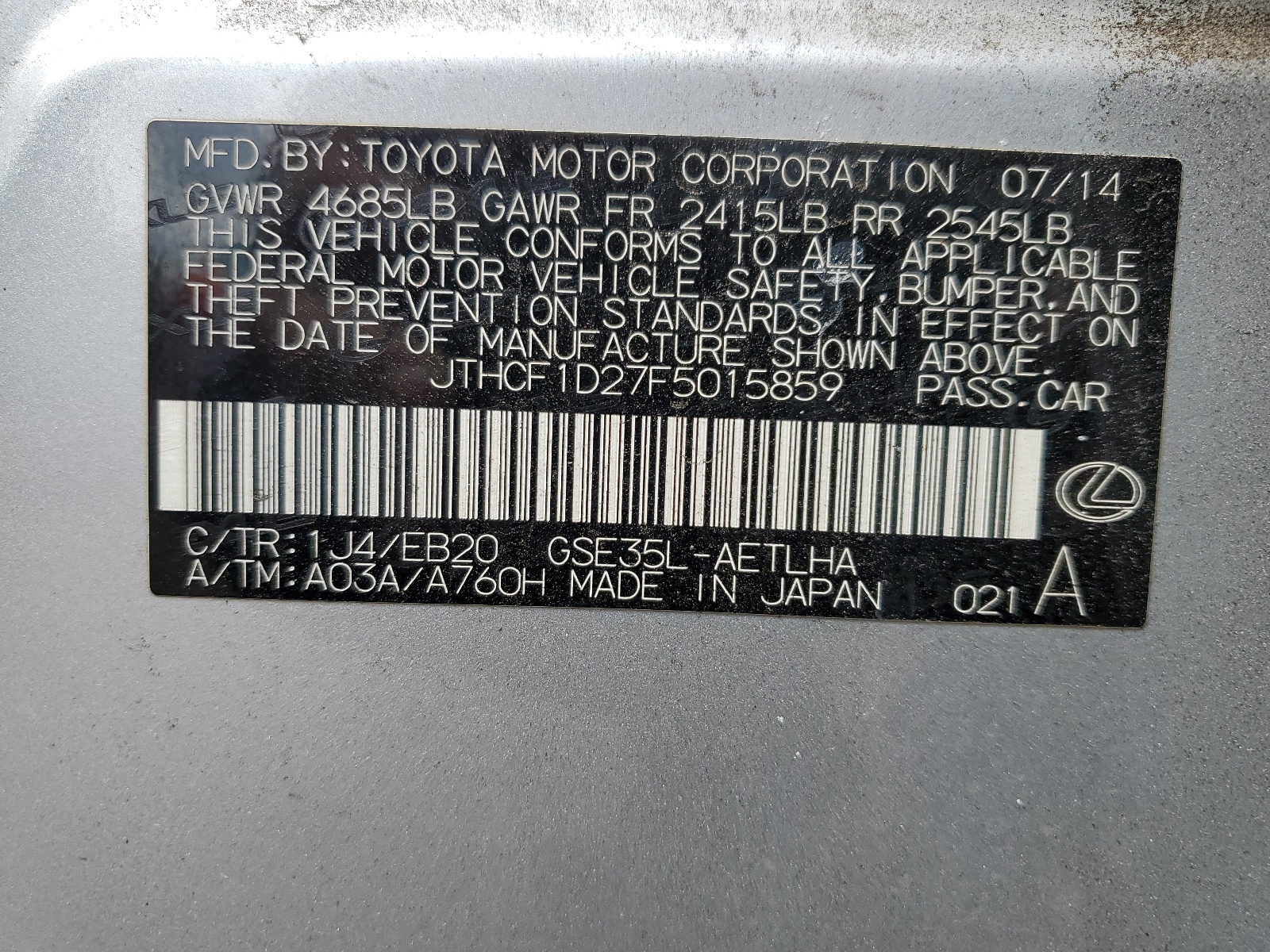 JTHCF1D27F5015859 2015 Lexus Is 250