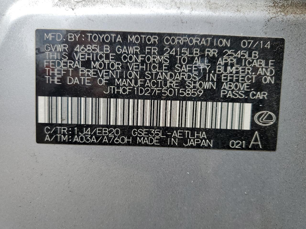 2015 Lexus Is 250 VIN: JTHCF1D27F5015859 Lot: 65281004