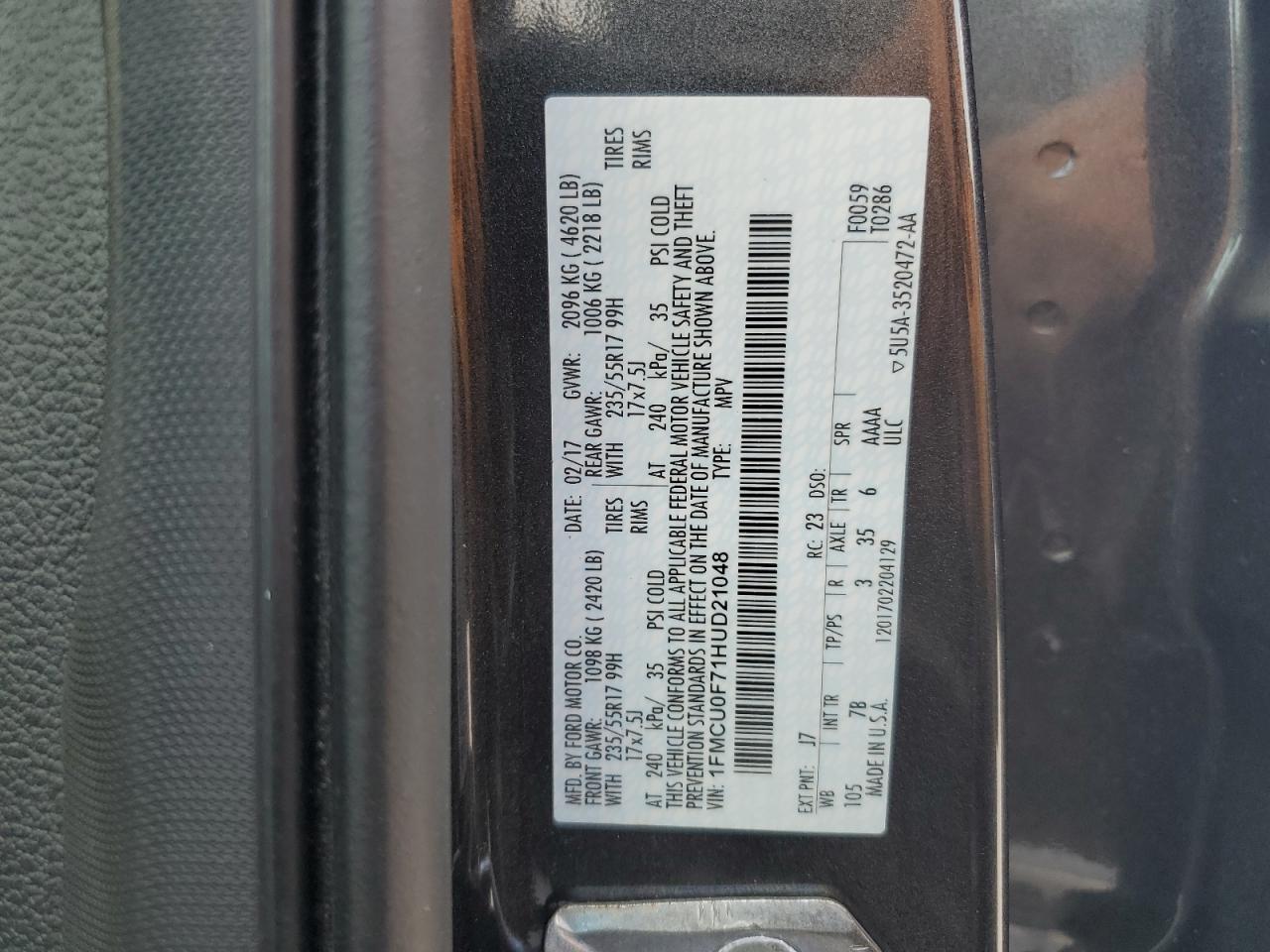 1FMCU0F71HUD21048 2017 Ford Escape S