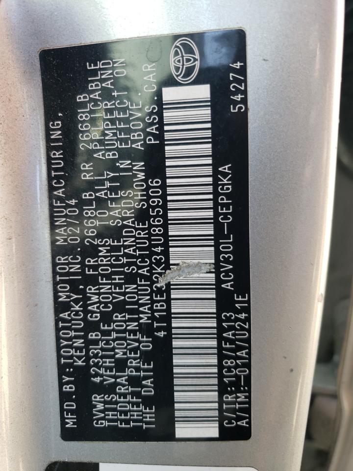 2004 Toyota Camry Le VIN: 4T1BE32K34U865906 Lot: 65178964