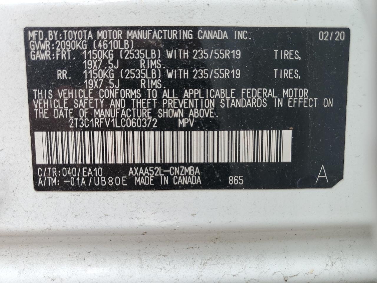 2020 Toyota Rav4 Xle Premium VIN: 2T3C1RFV1LC060372 Lot: 64103904