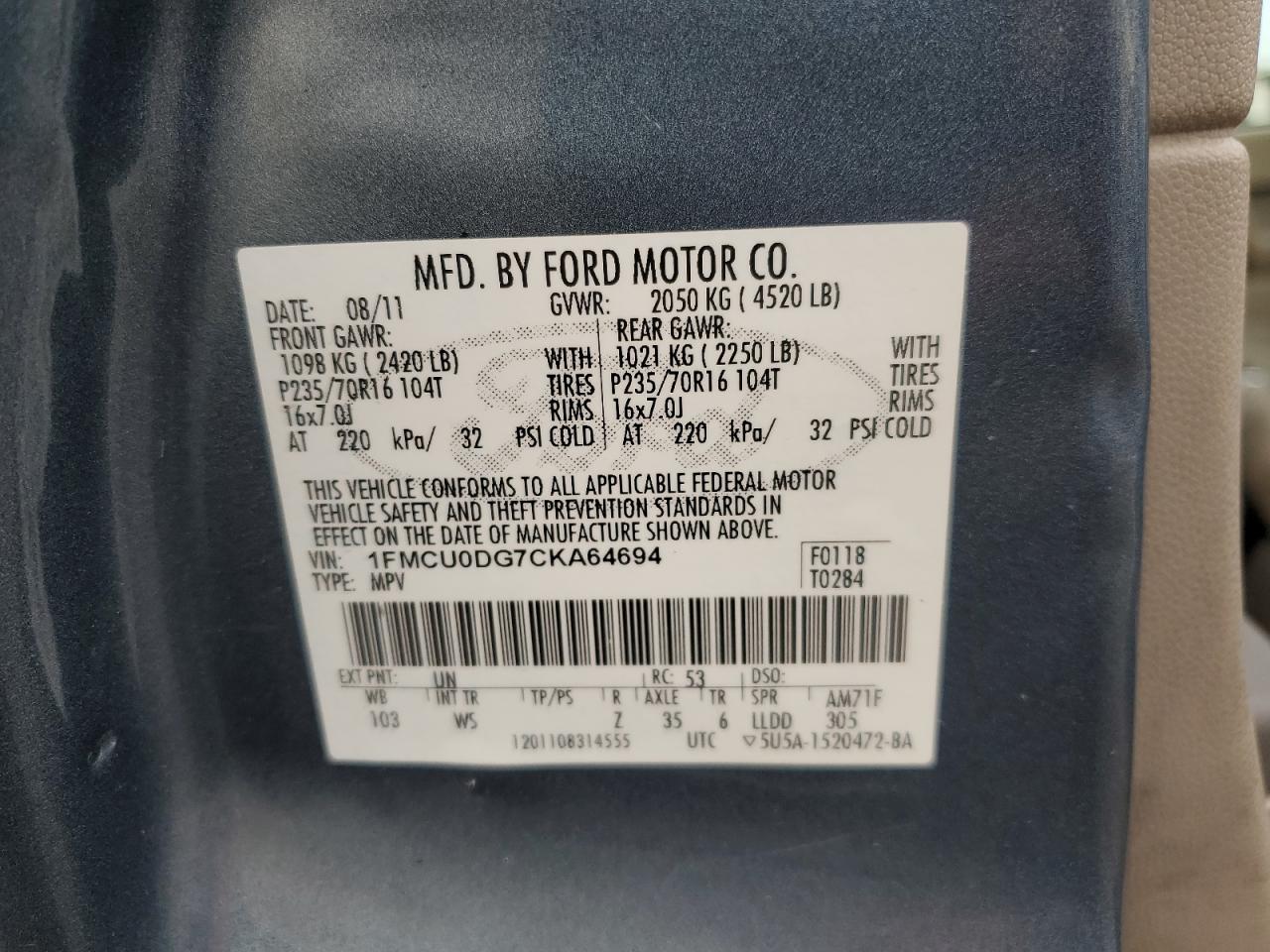 2012 Ford Escape Xlt VIN: 1FMCU0DG7CKA64694 Lot: 64903944