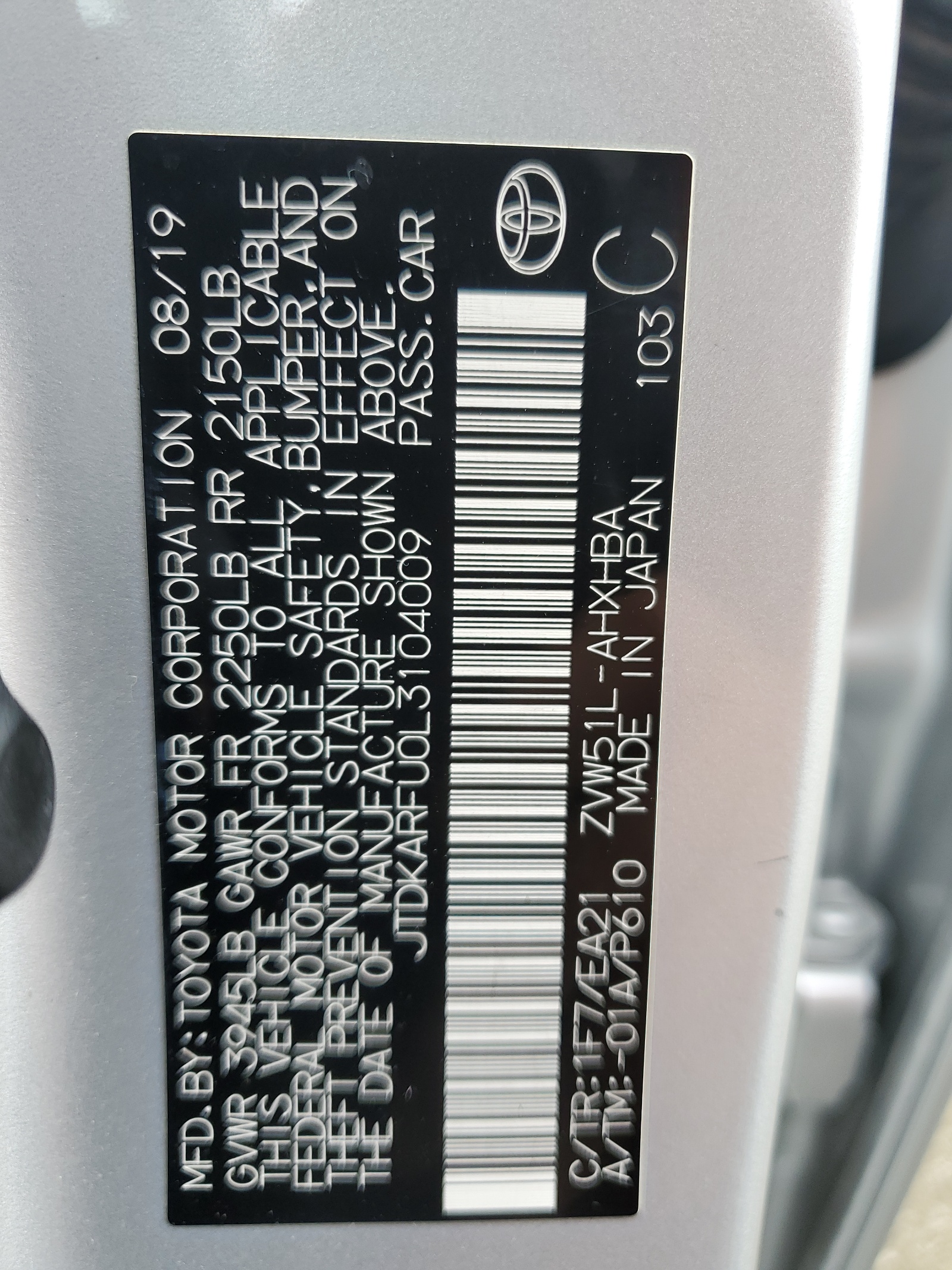 JTDKARFU0L3104009 2020 Toyota Prius L