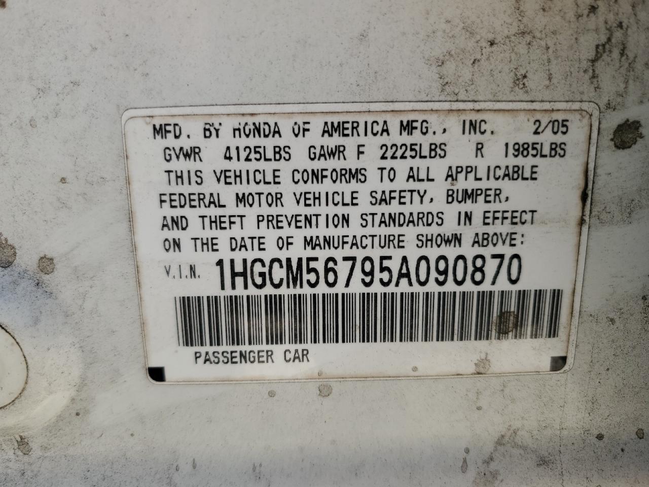 1HGCM56795A090870 2005 Honda Accord Ex