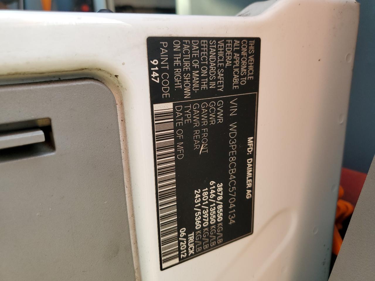 2012 Mercedes-Benz Sprinter 2500 VIN: WD3PE8CB4C5704134 Lot: 63483284