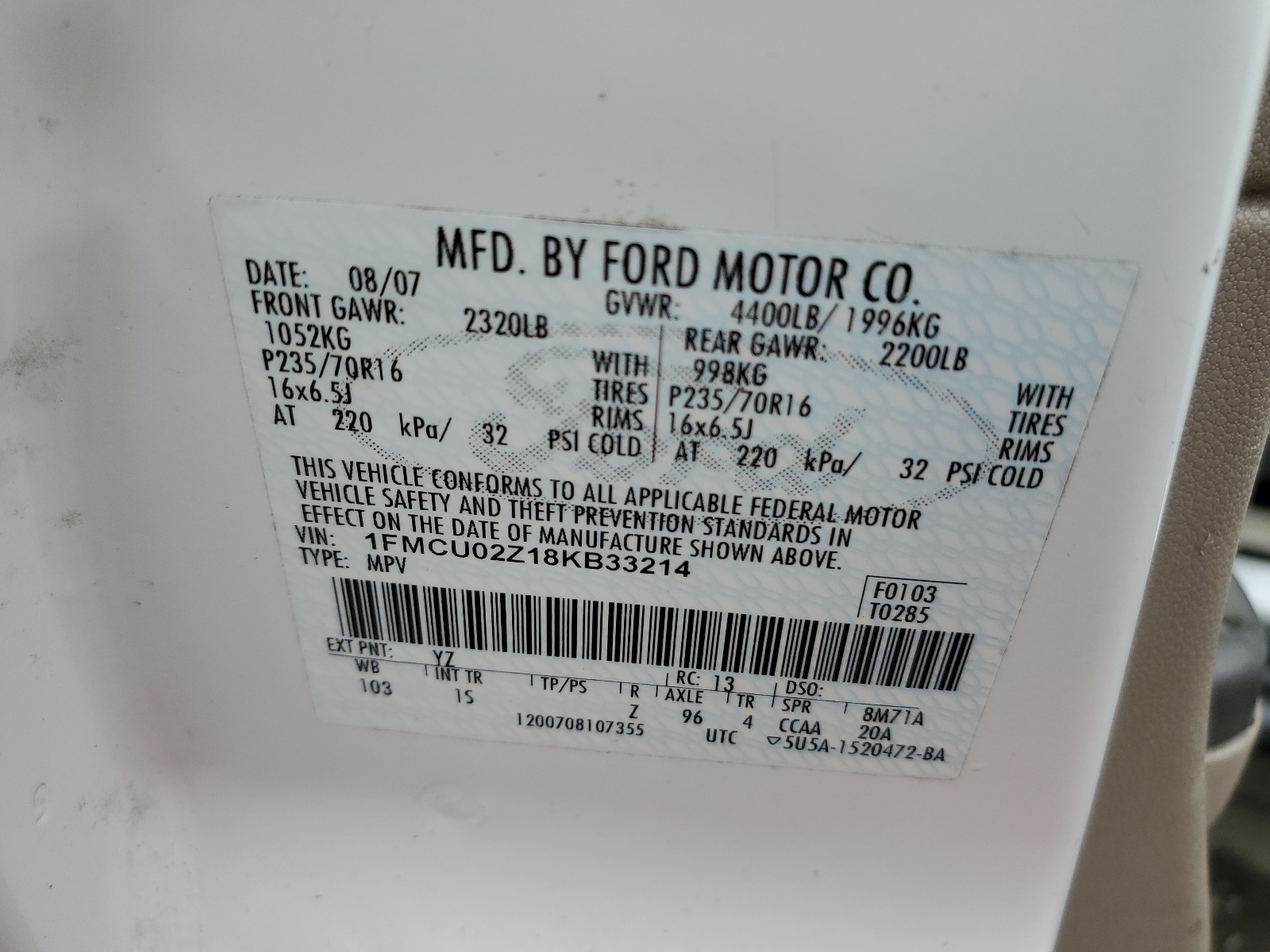 1FMCU02Z18KB33214 2008 Ford Escape Xls